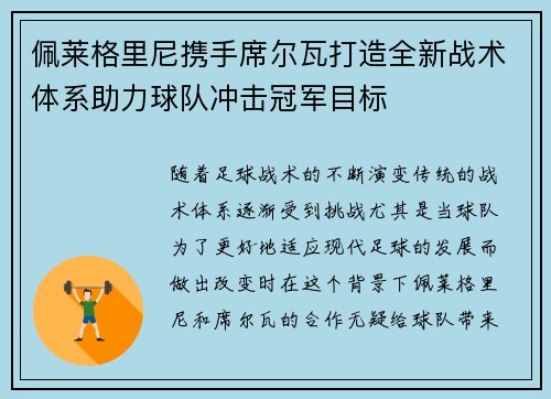 佩莱格里尼携手席尔瓦打造全新战术体系助力球队冲击冠军目标