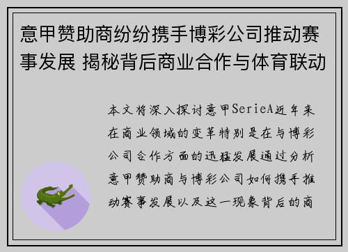 意甲赞助商纷纷携手博彩公司推动赛事发展 揭秘背后商业合作与体育联动